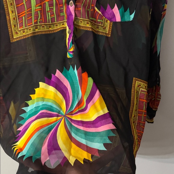 OPPA Vintage Colorful Sheer Roll Tab Sleeves Button Down Shirt - Picture 5 of 7